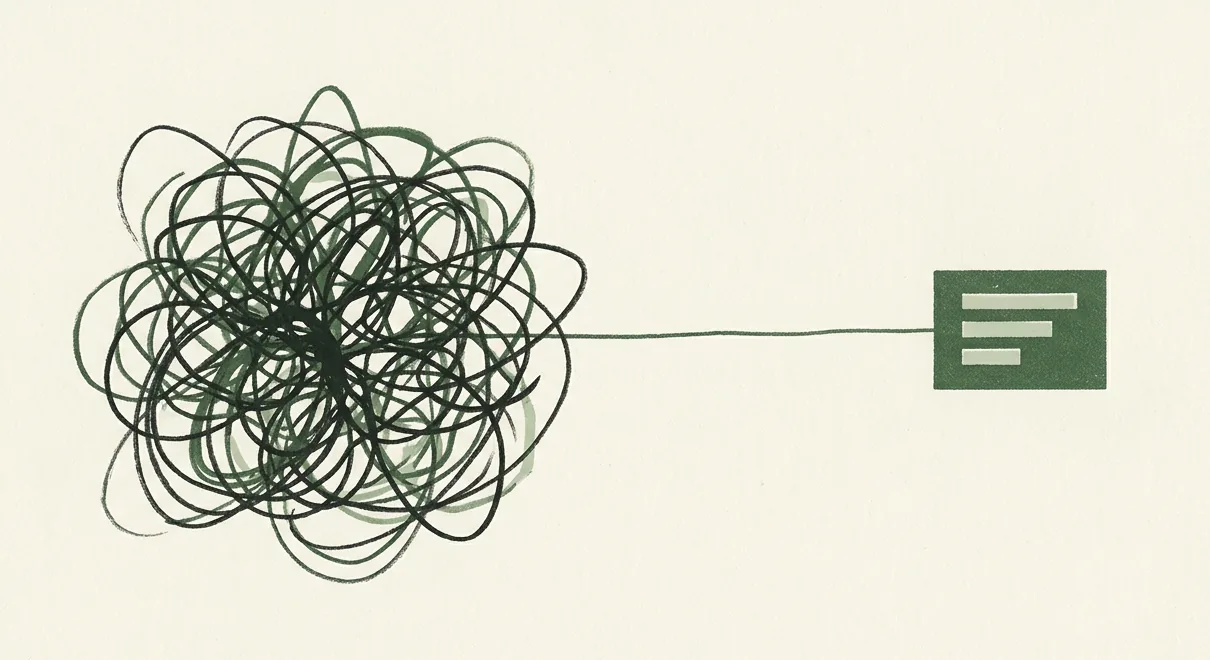 A tangle of ink lines on the left, joined by one thin line to a small card with three short lines