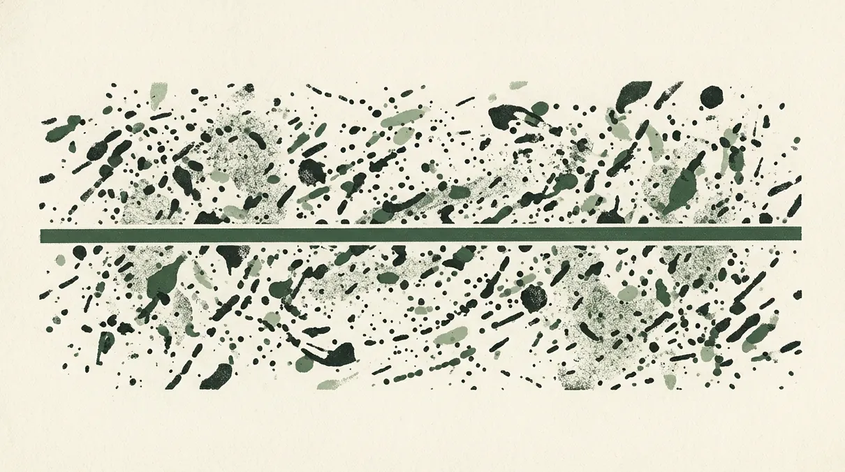 A scatter of moss-green ink spatter on paper, split by one flat horizontal band