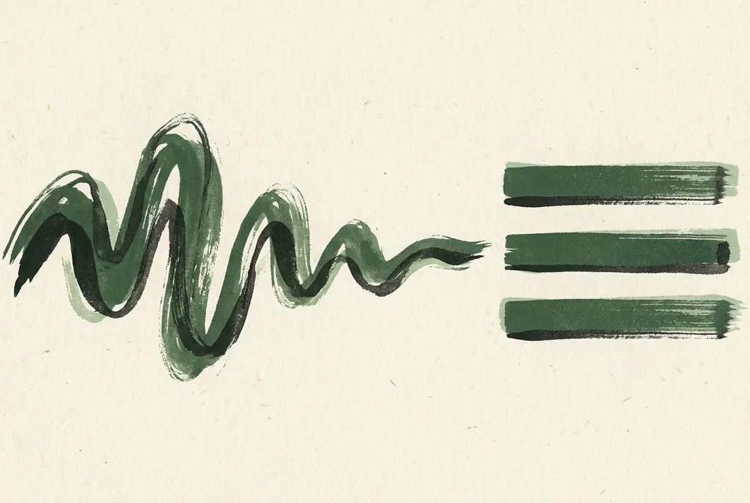 A loose brush-stroke wave in moss green settling into three flat bars